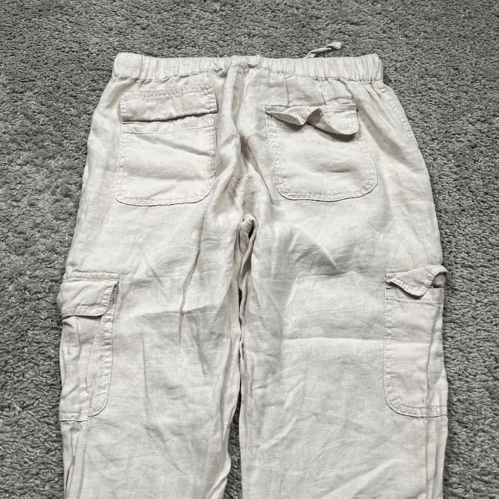 Nicole Miller 100% Linen Cargo Pants Utility Joggers Beige Lagenlook Medium - Picture 10 of 10